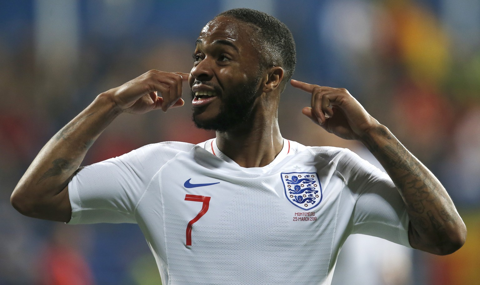 England&#039;s Raheem Sterling celebrates scoring his side&#039;s fifth goal during the Euro 2020 group A qualifying soccer match between Montenegro and England at the City Stadium in Podgorica, Monte ...