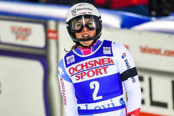 epa07173020 Wendy Holdener of Switzerland reacts in the finish area during the second run of the women&#039;s Slalom race of the Alpine Skiing World Cup in Levi, Finland, 17 November 2018. EPA/KIMMO B ...