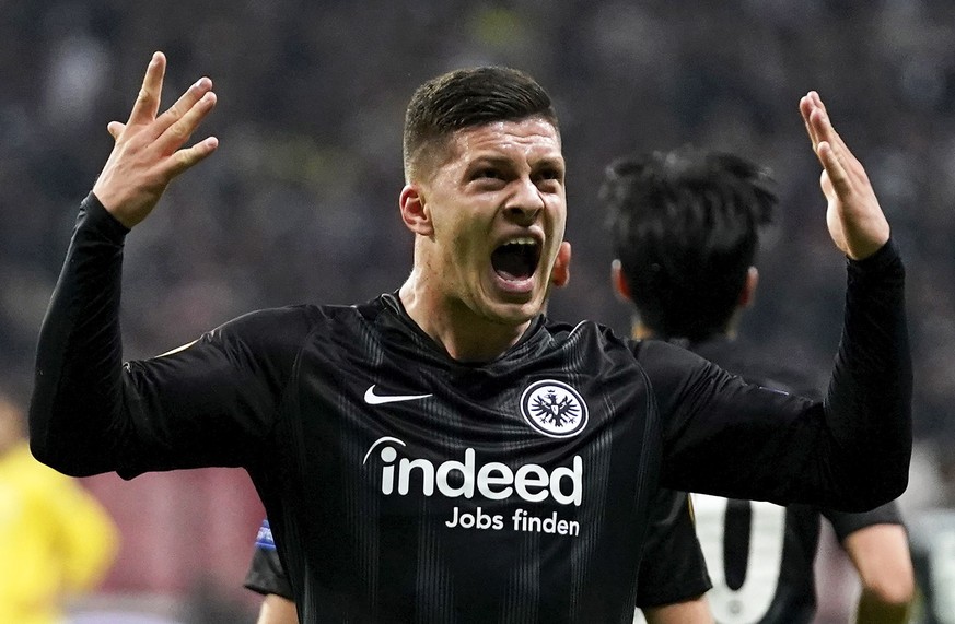epa07624398 (FILE) - Frankfurt&#039;s Luka Jovic celebrates after scoring the opening goal during the UEFA Europa League semi final, first leg soccer match between Eintracht Frankfurt and Chelsea FC i ...