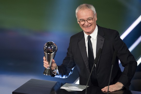 Claudio Ranieri of Italy, coach of Leicester City FC, poses with the trophy for The Best FIFA Men&#039;s Coach award during the The Best FIFA Football Awards 2016 ceremony held at the Swiss TV studio  ...