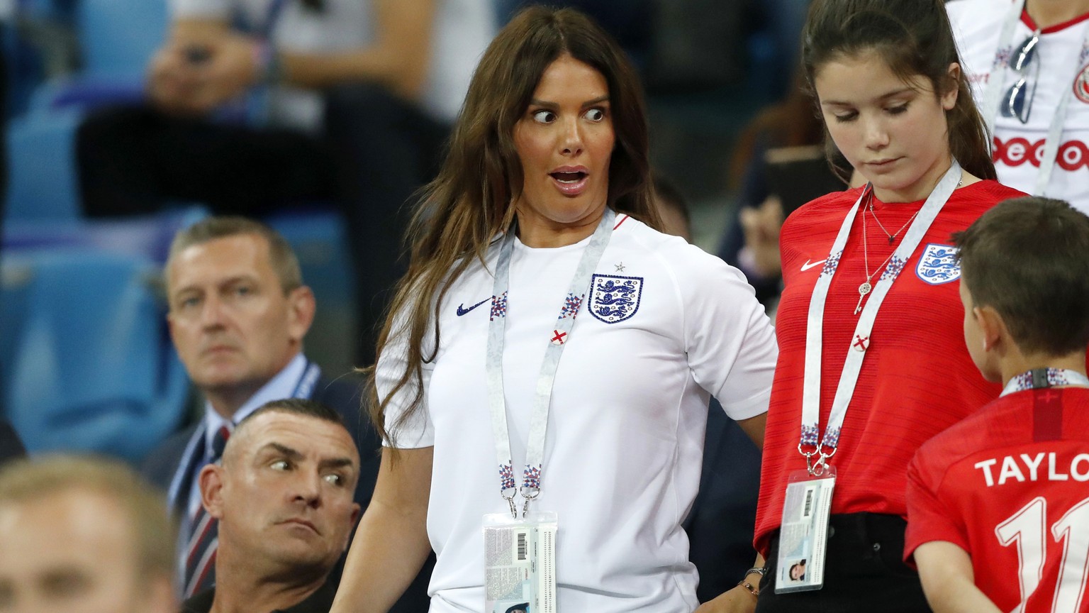 FILE - In this file photo dated Monday, June 18, 2018, Rebekah Vardy, wife of England&#039;s forward Jamie Vardy, reacts on the tribune during a 2018 soccer World Cup match between Tunisia and England ...
