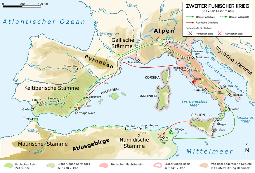 Karte: Hannibals Alpenüberquerung wöhrend des Zweiten Punischen Krieges.