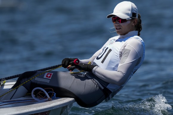 Switzerland&#039;s Maud Jayet compete during the Laser radial race 1 at the Enoshima harbour during the 2020 Summer Olympics, Sunday, July 25, 2021, in Fujisawa, Japan. (AP Photo/Bernat Armangue)