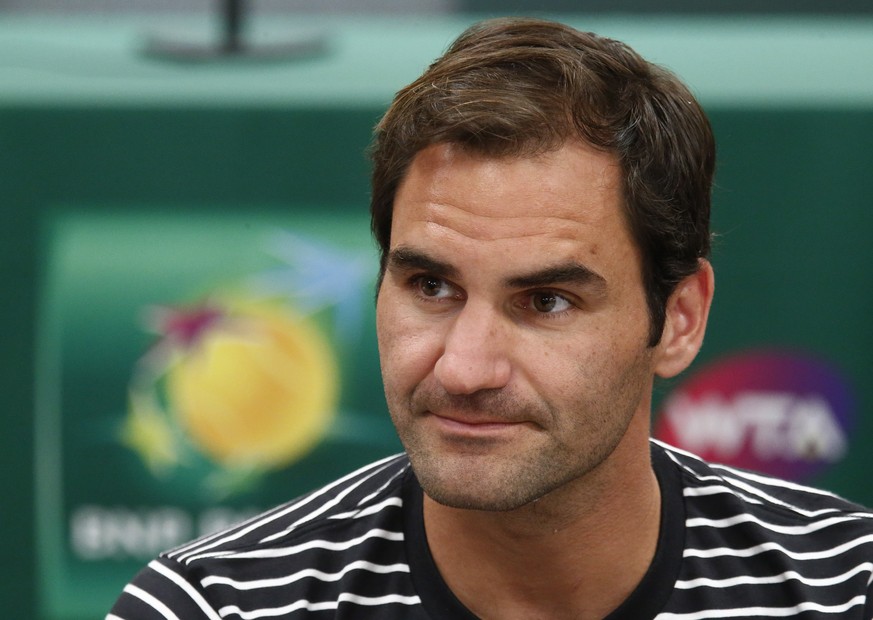 epa07418524 Roger Federer (C) of Switzerland speaks during the BNP Paribas Open Media Day round table at the Indian Well Tennis Garden in Indian Wells, California, USA, 06 March 2019. The men&#039;s a ...