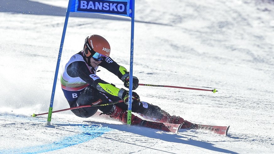 Croatia&#039;s Filip Zubcic speeds down the slope during an alpine ski, men&#039;s World Cup giant slalom, in Bansko, Saturday, Feb. 27, 2021. (AP Photo/Marco Tacca)