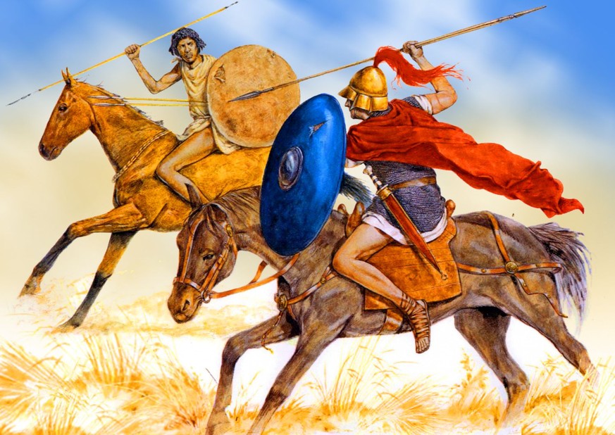 Römischer Reiter (vorn) im Kampf mit einem numidischen Reiter.