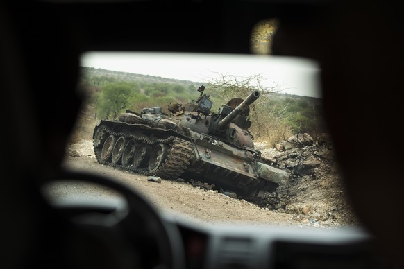 A destroyed tank is seen by the side of the road south of Humera, in an area of western Tigray annexed by the Amhara region during the ongoing conflict, in Ethiopia, Saturday, May 1, 2021. Ethiopia fa ...