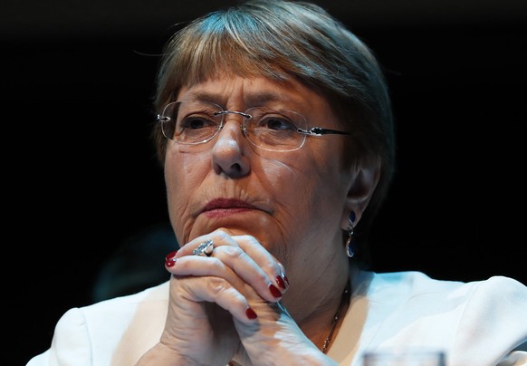 FILE-In this April 9, 2019 file photo Michelle Bachelet, United Nations High Commissioner for Human Rights, attends a press conference at the Cultural Center of Spain, in Mexico City. High Commissione ...