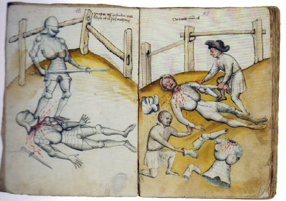 Aus Königsegger Fechthandschrift von Hans Talhoffer, um 1450: Lutold von Königsegg tötet seinen Gegner im Zweikampf (links) und Abnahme der Rüstung des Toten (rechts).