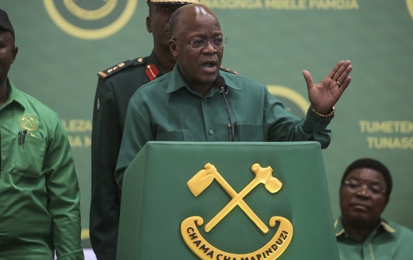 FILE - In this July 11, 2020 file photo, Tanzania&#039;s President John Magufuli speaks at the national congress of his ruling Chama cha Mapinduzi (CCM) party in Dodoma, Tanzania. Opposition politicia ...