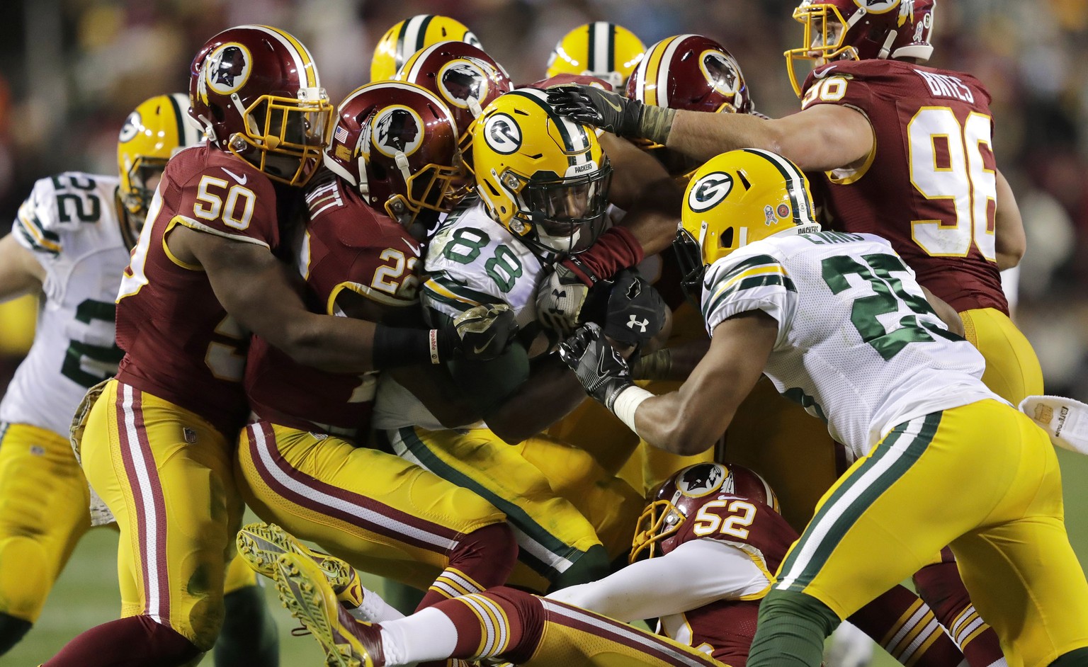 Nov 20, 2016; Landover, MD, USA; Green Bay Packers&#039; Ty Montgomery (88) carries the ball as the Washington Redskins defend during the second half at FedEx Field. Mandatory Credit: Dan Powers/Wisco ...