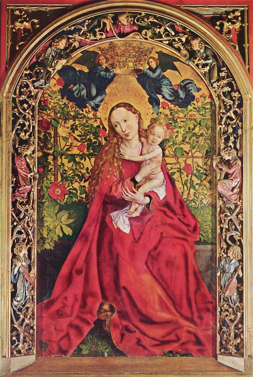 Martin Schongauer, Maria im Rosenhag, 1473, Tempera auf Holz, Colmar, Dominikanerkirche