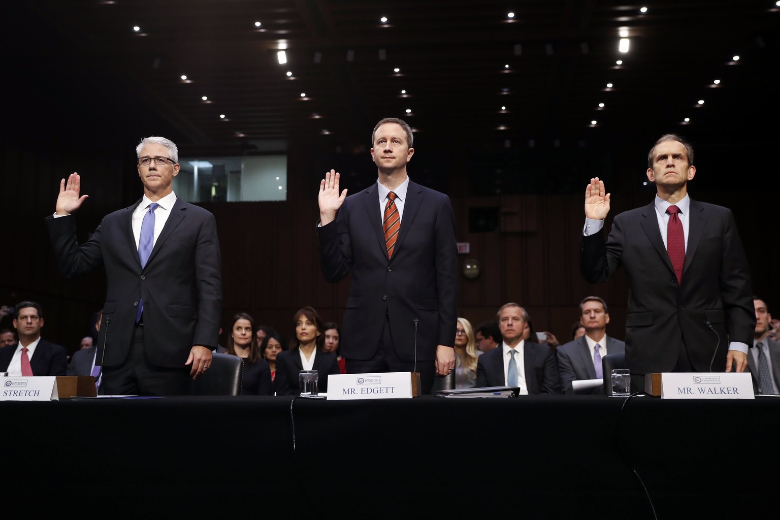 epa06301878 Colin Stretch (L), general counsel for Facebook, Sean Edgett (C), acting general counsel for Twitter and Kent Walker (R), senior vice president and general counsel for Google Inc, are swor ...