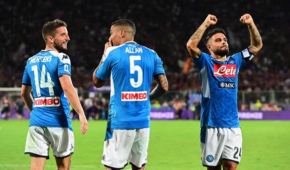 epa07791752 Napoli players (L-R) Lorenzo Insigne, Allan, and Dries Mertens celebrate after winning the Italian Serie A soccer match between ACF Fiorentina and SSC Napoli in Florence, Italy, 24 August  ...