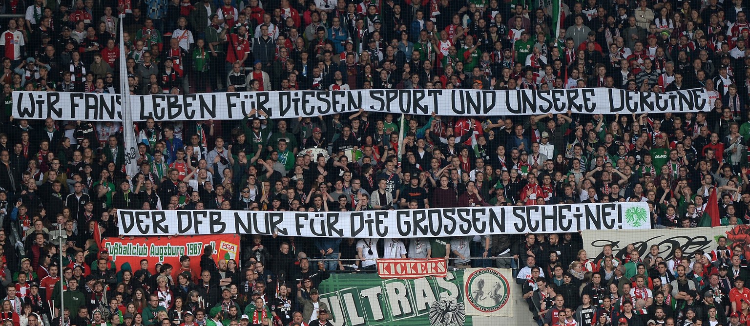 AUGSBURG, GERMANY - MAY 02: The fans of Augsburg show a banner during the Bundesliga match between FC Augsburg and 1. FC Koeln at SGL Arena on May 2, 2015 in Augsburg, Germany. (Photo by Micha Will/Bo ...