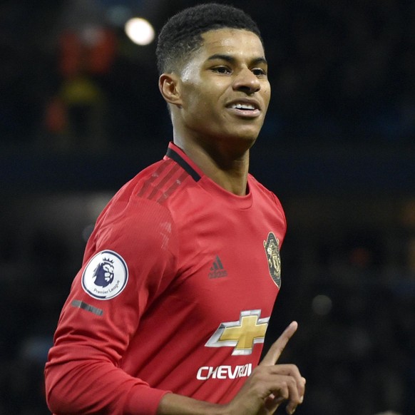 FILE - In this Saturday, Dec. 7, 2019 file photo, Manchester United&#039;s Marcus Rashford during their English Premier League soccer match against Manchester City at Etihad stadium in Manchester, Eng ...