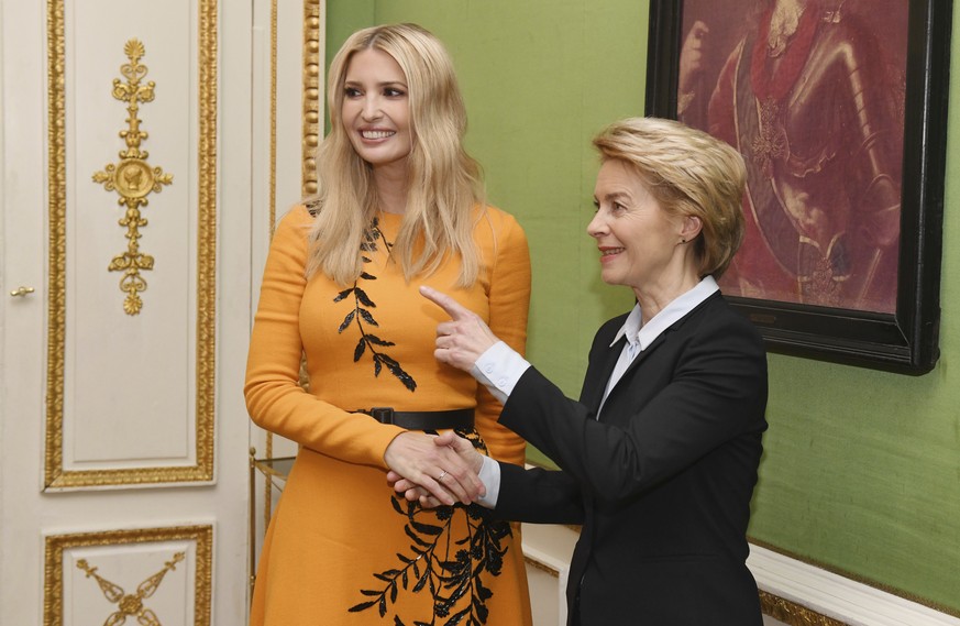 Ivanka Trump, left, daughter of the US President, is greeted by Ursula von der Leyen German Minister of Defense, on the first day of the 55th Munich Security Conference, in Munich, Germany, Friday Feb ...
