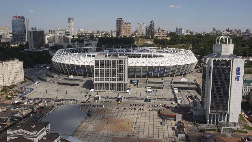 epa06757634 General view of the NSC Olimpiyskiy stadium, venue of the 2018 UEFA Champions League final, in Kiev, Ukraine, 23 May 2018. Real Madrid will face Liverpool FC in the 2018 UEFA Champions Lea ...