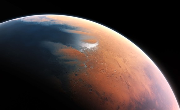 This artist&#039;s impression shows how Mars may have looked about four billion years ago. The young planet Mars would have had enough water to cover its entire surface in a liquid layer about 140 met ...