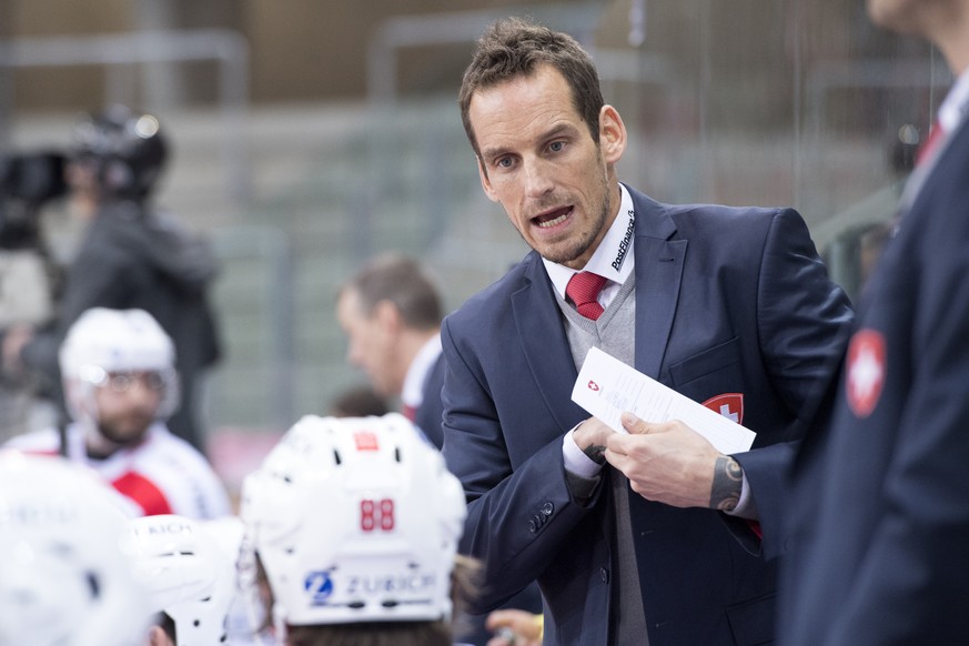 Patrick Fischer, head coach of Switzerland national ice hockey team, during a friendly ice hockey game between Switzerland and Russia, at the Tissot Arena in Bienne, Switzerland, this Saturday, 22. Ap ...