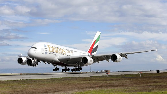 IMAGE DISTRIBUTED FOR EMIRATES - Emirates’ inaugural A380 flight to San Francisco International Airport touches down on Monday, Dec. 1, 2014, in San Francisco. (Tony Avelar/AP Images for Emirates)