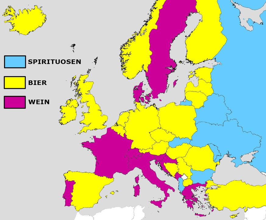 Karte Alkoholkonsum nach Typ und Staaten in Europa (2010)