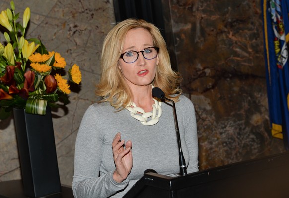 Author J.K. Rowling speaks at the Empire State Building during a lighting ceremony and to mark the launch of her non-profit children&#039;s organization Lumos, on Thursday, April 9, 2015, in New York. ...