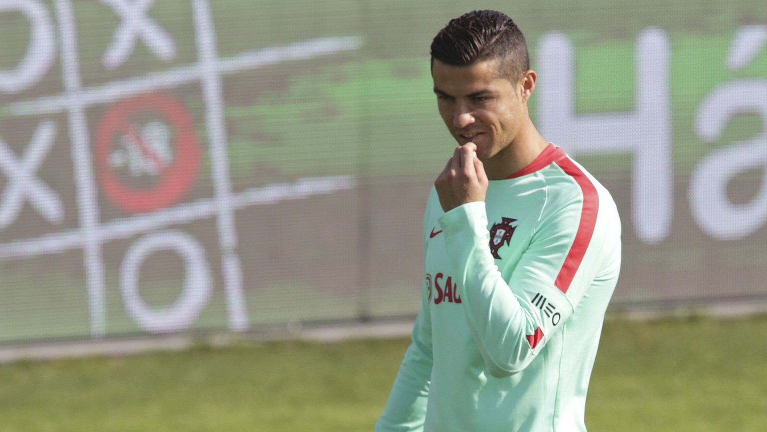 Portugal&#039;s Cristiano Ronaldo looks on during a training session in Oeiras, outside Lisbon, Monday, Oct. 9, 2017. Portugal will face Switzerland in a World Cup Group B qualifying soccer match in L ...