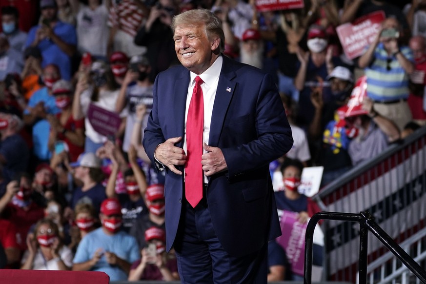 President Donald Trump smiles after speaking at a campaign rally at Smith Reynolds Airport, Tuesday, Sept. 8, 2020, in Winston-Salem, N.C. (AP Photo/Evan Vucci)
Donald Trump