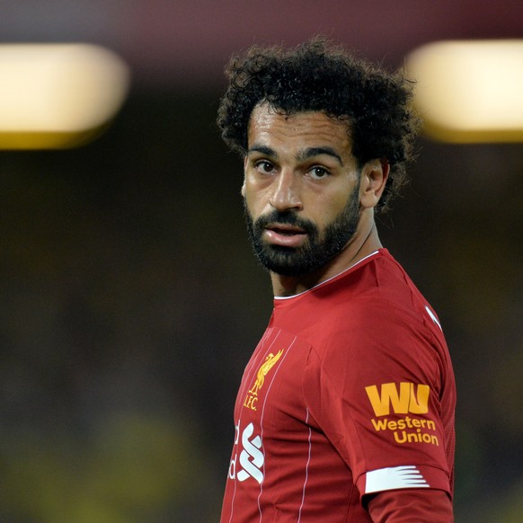 epa07764931 Mohamed Salah of Liverpool FC reacts during the English Premier League soccer match between Liverpool FC and Norwich City at Anfield, Liverpool, Britain, 09 August 2019. EPA/PETER POWELL E ...