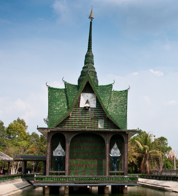 The main building at Wat Pa Maha Chedio Kaew, more commonly know as &quot;The Million Bottle Temple&quot; or &quot;Wat Lan Kuad&quot; in Thai. This Buddhist temple about 300 miles from Bangkok is deco ...
