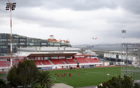 epa08003424 Gibraltar?s Players in action during a training session on the eve of the UEFA Euro 2020 qualifying Group D soccer match between Gibraltar and Switzerland, at the Victoria Stadium, in Gibr ...