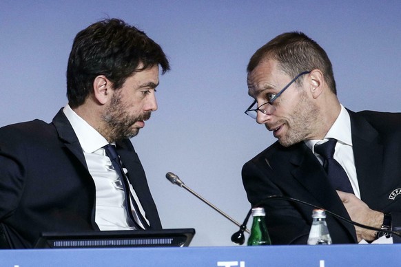Juventus President Andrea Agnelli, left, and UEFA President Aleksander Ceferin talk during the 43rd UEFA Congress in Rome, Thursday, Feb. 7, 2019. UEFA President Aleksander Ceferin says he won&#039;t  ...