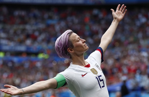 epa08040169 (FILE) - Megan Rapinoe of the USA celebrates after scoring a goal during the FIFA Women&#039;s World Cup 2019 final match between the USA and the Netherlands in Lyon, France, 07 July 2019  ...