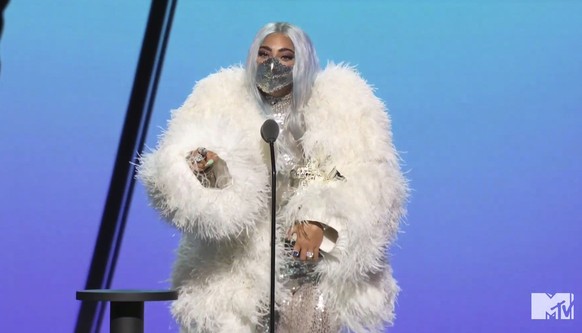 In this video grab issued Sunday, Aug. 30, 2020, by MTV, Lady Gaga accepts the award for artist of the year during the MTV Video Music Awards. (MTV via AP)