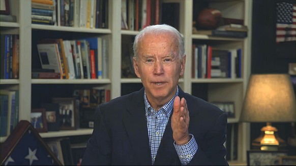 In this image from video provided by the Biden for President campaign, Democratic presidential candidate former Vice President Joe Biden speaks during a virtual press briefing Wednesday, March 25, 202 ...