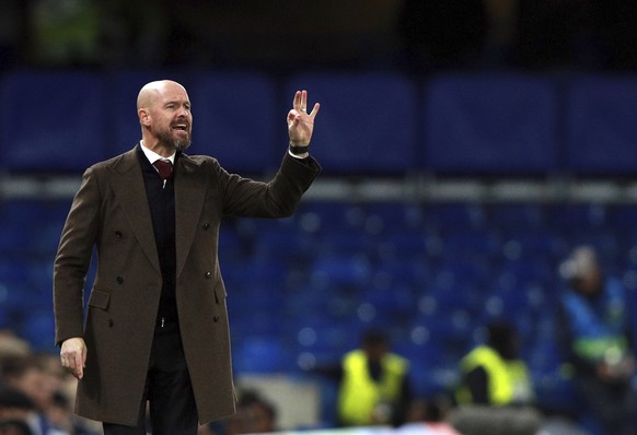 Ajax&#039;s head coach Erik ten Hag gives instructions to his players during the Champions League, group H, soccer match between Chelsea and Ajax, at Stamford Bridge in London, Tuesday, Nov. 5, 2019.  ...