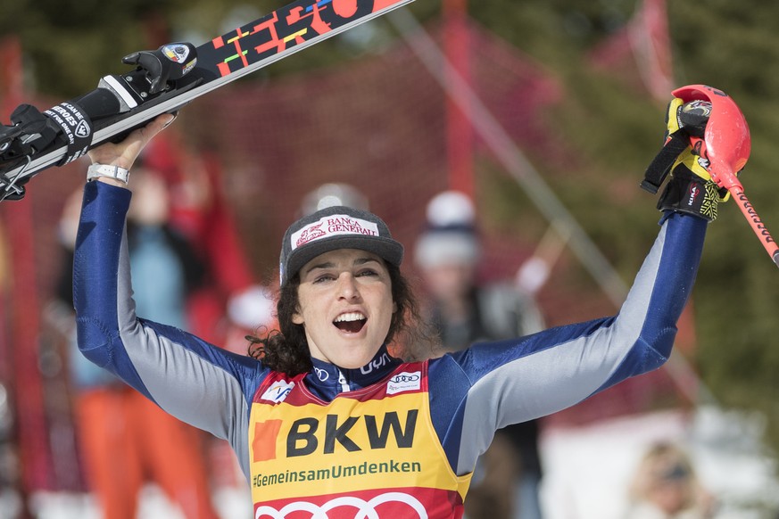 Federica Brignone from Italy celebrates as the winner in the finish area after the women&#039;s Slalom race of the Alpine Combined at the FIS Alpine Skiing World Cup event in Crans-Montana, Switzerlan ...