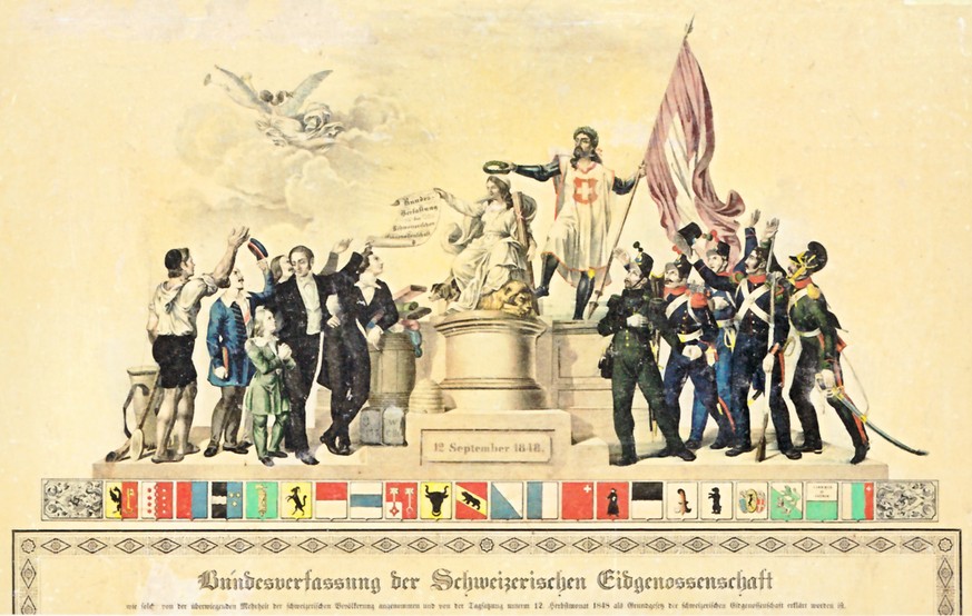 Blatt zur Erinnerung an das Inkrafttreten der ersten Bundesverfassung am 12. September 1848, in deren Präambel unter anderem steht: «Die Stärke des Volkes misst sich am Wohl der Schwachen.»