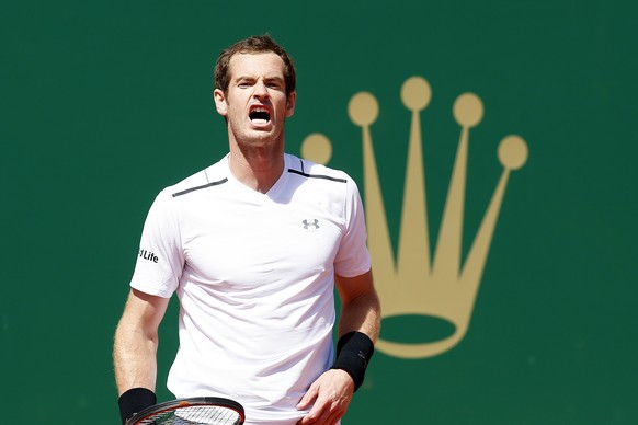 epa05914975 Andy Murray of Britain reacts during his second round match against Gilles Muller of Luxembourg at the Monte-Carlo Rolex Masters tournament in Roquebrune Cap Martin, France, 19 April 2017. ...