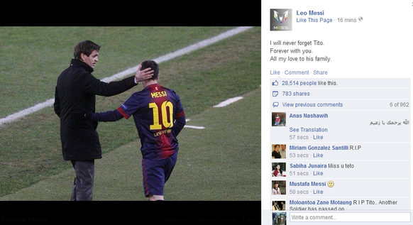 I«ch werde dich nie vergessen. Für immer mit dir. Alle Liebe für deine Familie», so Messi auf seine Facebookseite.