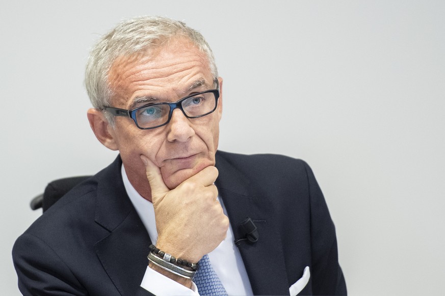 Urs Rohner, president of the board of Credit Suisse, speaks during a press conference of the Observation of Iqbal Khan in Zuerich, Switzerland, Tuesday, Oct. 1, 2019. (Ennio Leanza/Keystone via AP)