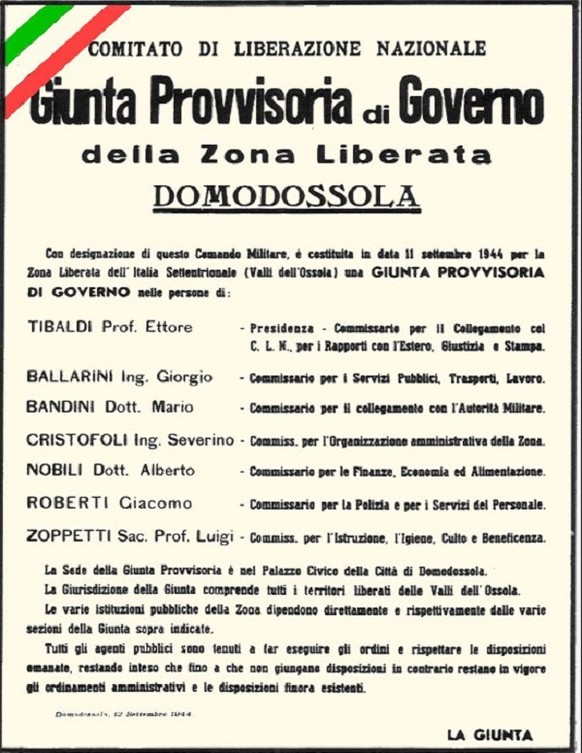 Die Regierung der Republik Ossola setzte sich aus sieben Männern zusammen. Präsident war Ettore Tibaldi. Er wurde später Bürgermeister von Domodossola und nationaler Politiker.