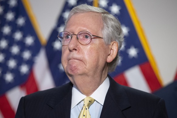 epa08559287 US Senate Majority Leader Mitch McConnell attends a news conference following a Republican policy luncheon on Capitol Hill in Washington, DC, USA, 21 July 2020. Trump administration offici ...