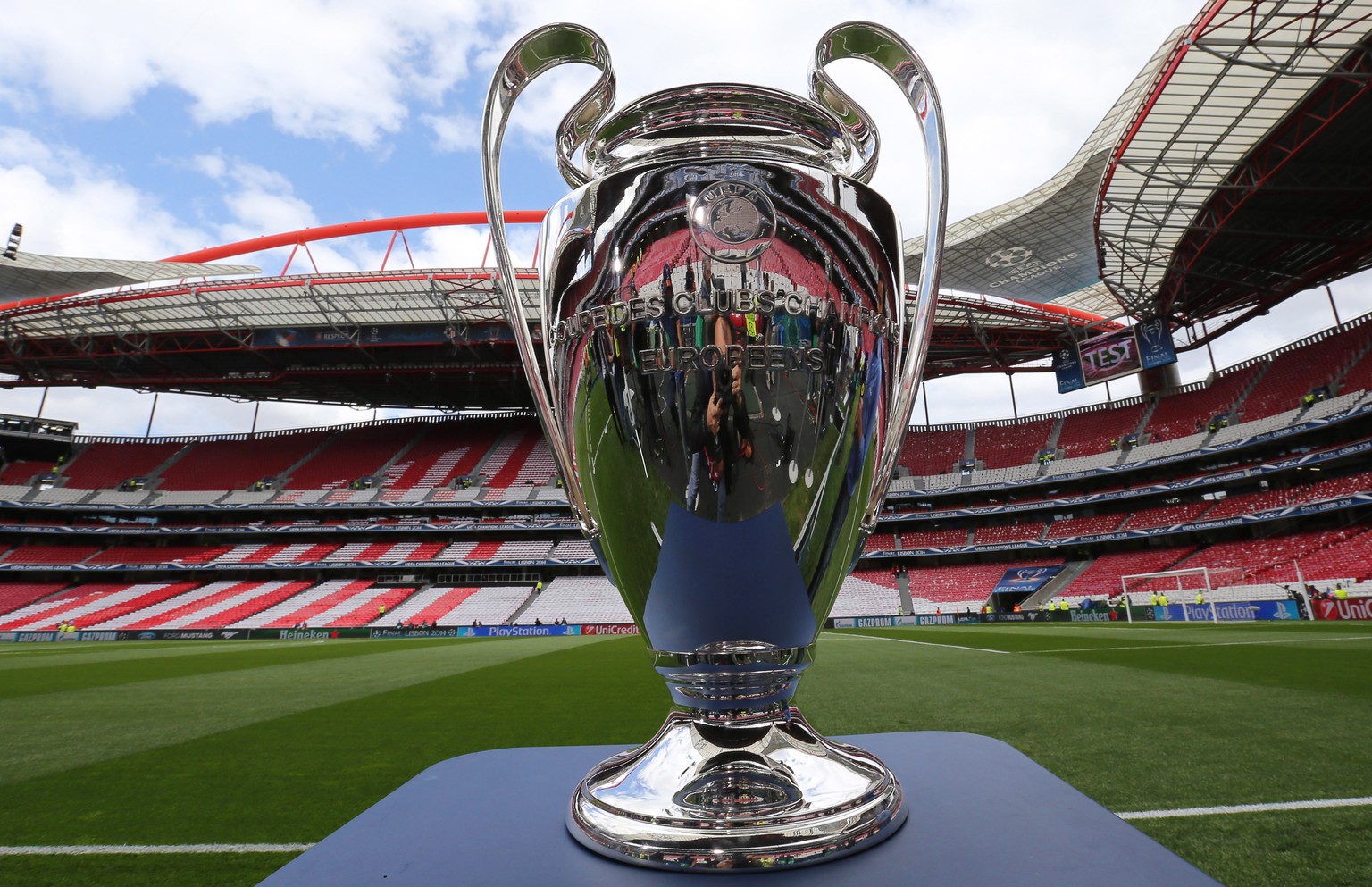epa08487674 (FILE) - The UEFA Champions League trophy on display prior to the UEFA Champions League final between Atletico Madrid and Real Madrid at Luz Stadium in Lisbon, Portugal, 24 May 2014 (re-is ...