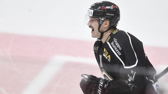 Lugano&#039;s player Alessio Bertaggia celebrates the 1-0 goal, during the regular season game of the National League Swiss Championship 2019/20 between HC Lugano and HC Losanna, at the ice stadium Co ...