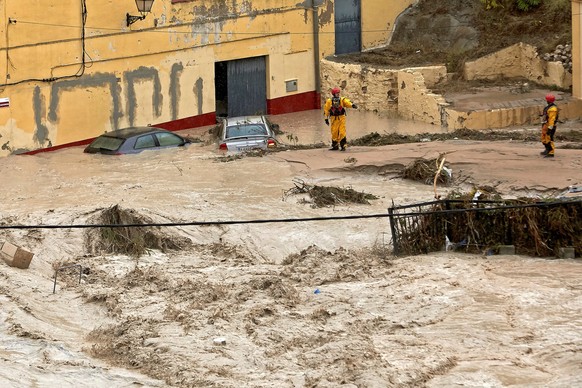 epa07836648 View of the Clariano river after the heavy rains registered in Ontinyent, Valencia, Spain, 12 September 2019. Up to 297 liters per square meter have been registered in 24 hours in Ontinyen ...