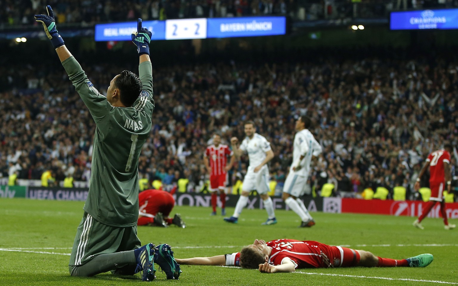 Real Madrid&#039;s goalkeeper Keylor Navas celebrates after Madrid reached its third straight Champions League final 4-3 on aggregate at the Champions League semifinal second leg soccer match between  ...