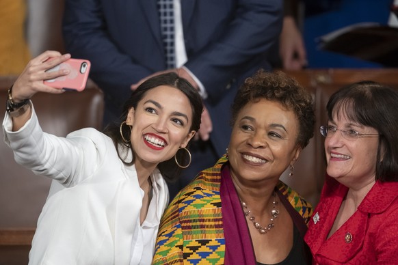 Rep.-elect Alexandria Ocasio-Cortez, a freshman Democrat representing New York&#039;s 14th Congressional District, takes a selfie with Rep. Ann McLane Kuster, D-NH, and Rep. Barbara Lee, D-Calif., on  ...