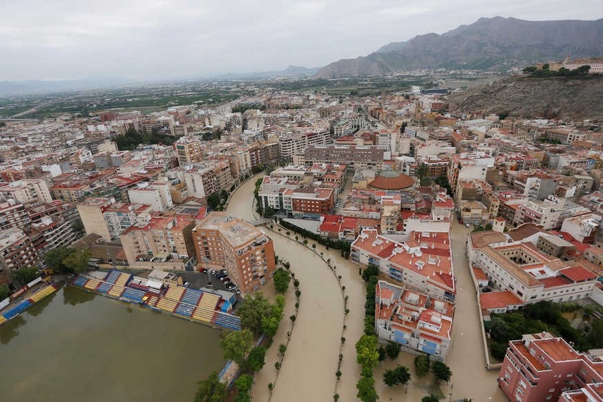 epa07842235 Aereal view of the flooded area of Orihuela, Alicante, eastern Spain 14 September 2019. A total of six people have died due to the &#039;gota fria&#039; (cold drop) phenomenon in the Medit ...